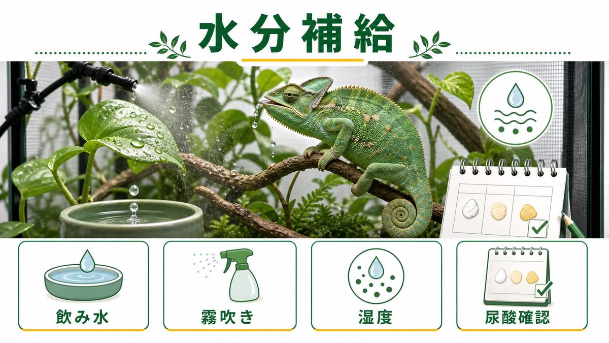 🚿 水分補給と腎臓疾患予防の要点をまとめたカメレオン・爬虫類飼育インフォグラフィック