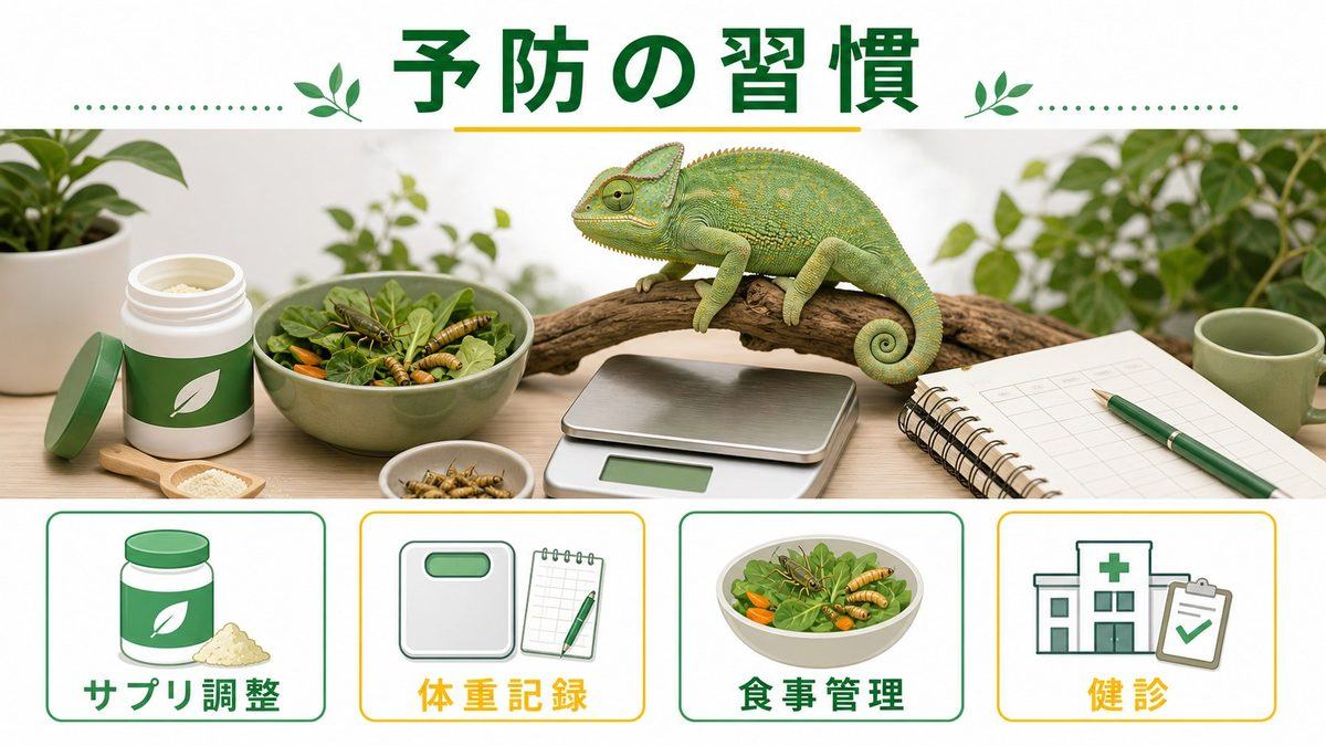 🛡️ 予防の実践：サプリローテーションと体重管理の要点をまとめたカメレオン・爬虫類飼育インフォグラフィック