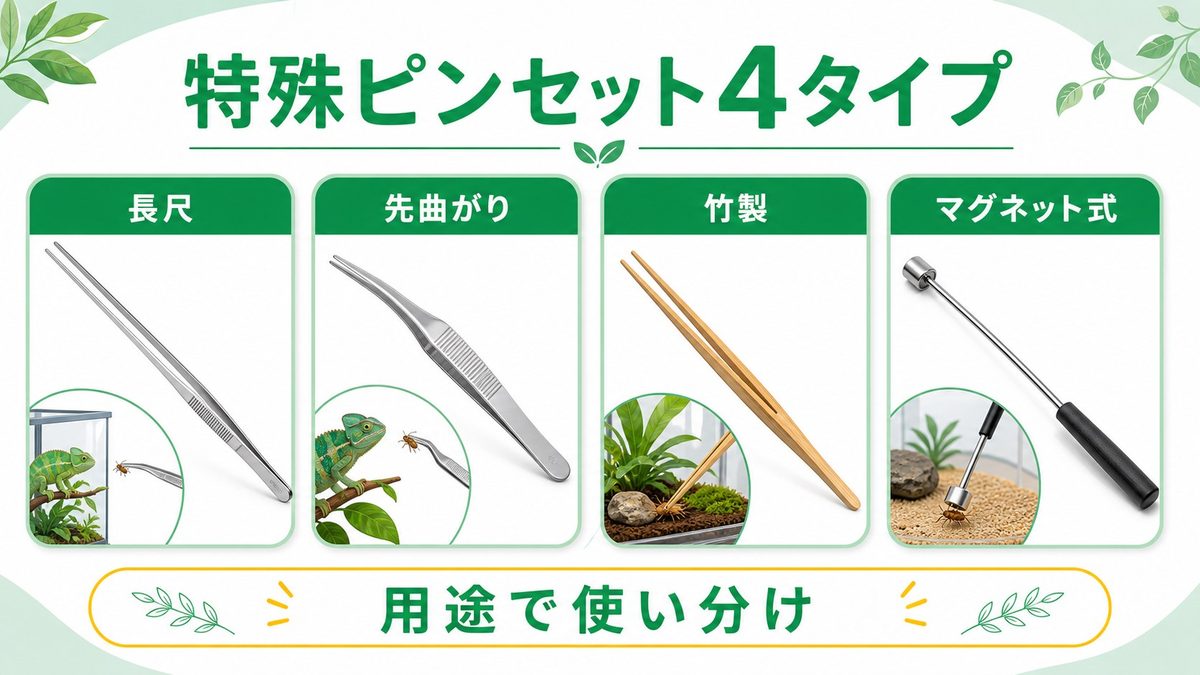 特殊ピンセット4大タイプの徹底比較の要点をまとめたカメレオン・爬虫類飼育インフォグラフィック