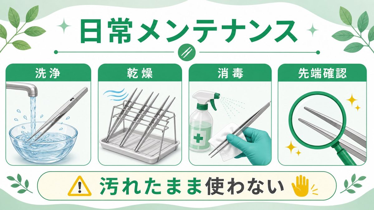 メンテナンス方法——清潔さを保つための日常ケアの要点をまとめたカメレオン・爬虫類飼育インフォグラフィック