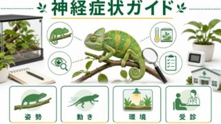 爬虫類の神経症状完全ガイド！痙攣・斜頸・旋回行動の原因・対処法・予防策を徹底解説の要点を伝えるカメレオン・爬虫類記事アイキャッチ画像