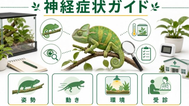 爬虫類の神経症状完全ガイド！痙攣・斜頸・旋回行動の原因・対処法・予防策を徹底解説の要点を伝えるカメレオン・爬虫類記事アイキャッチ画像