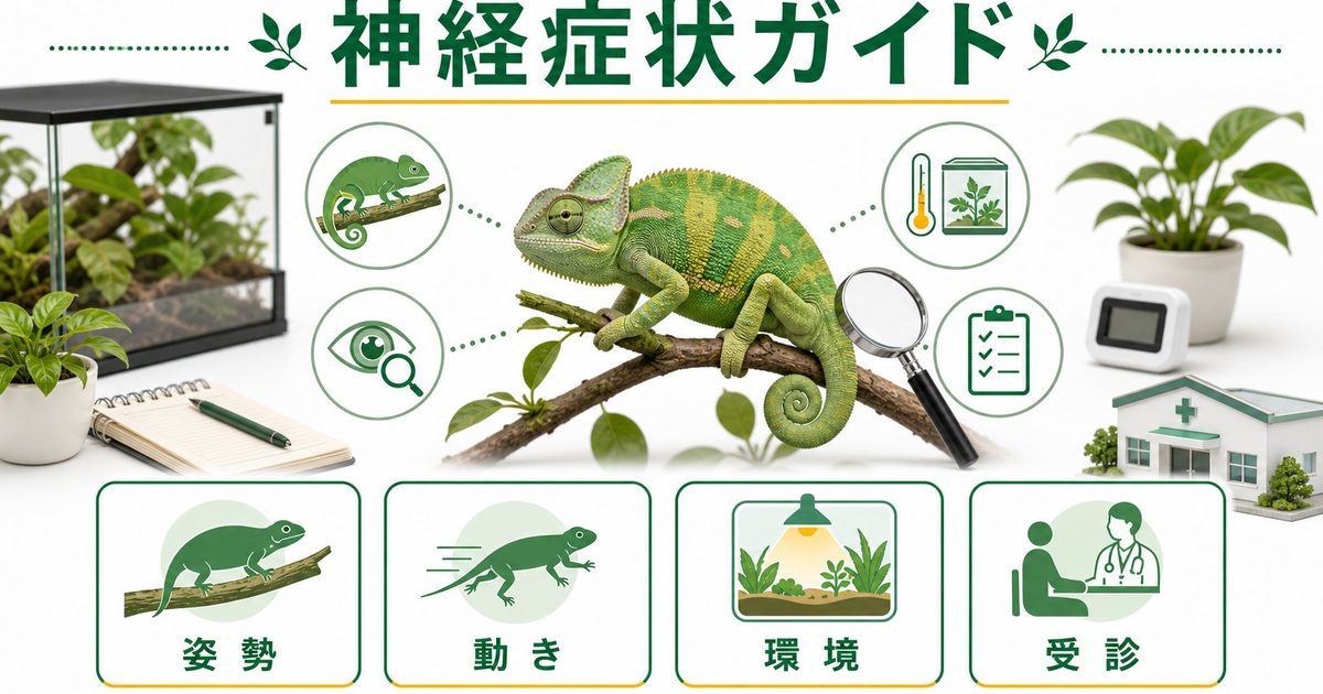 爬虫類の神経症状完全ガイド！痙攣・斜頸・旋回行動の原因・対処法・予防策を徹底解説の要点を伝えるカメレオン・爬虫類記事アイキャッチ画像