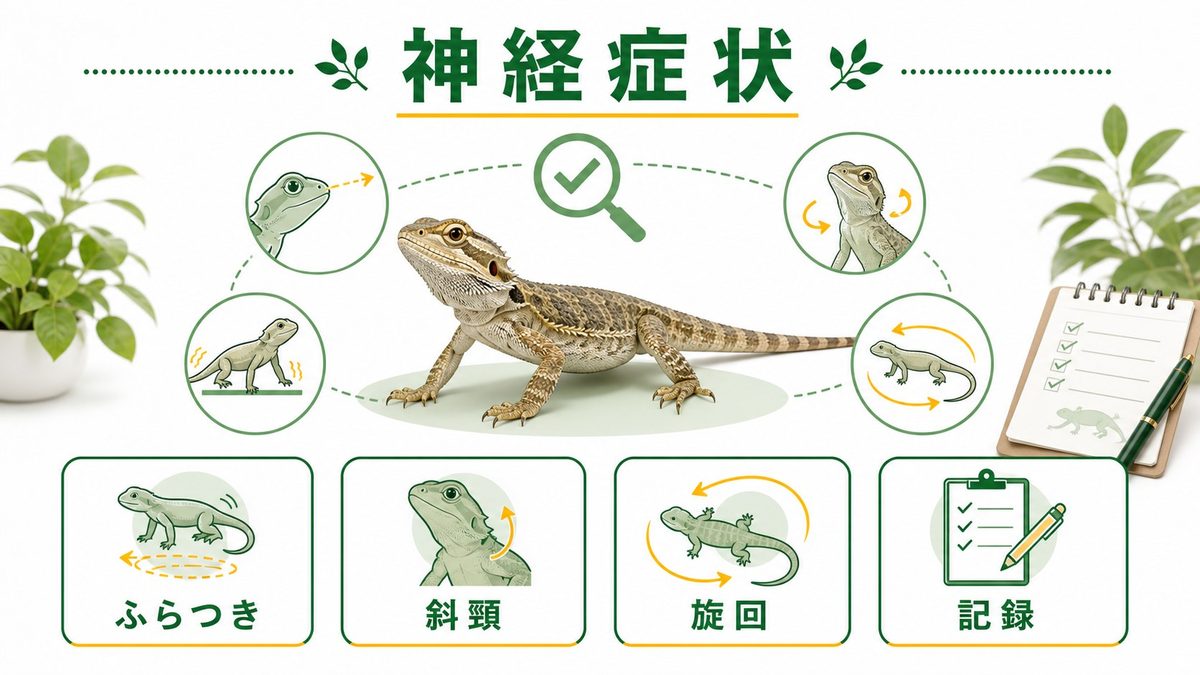 爬虫類の神経症状とは?種類と見分け方の要点をまとめたカメレオン・爬虫類飼育インフォグラフィック