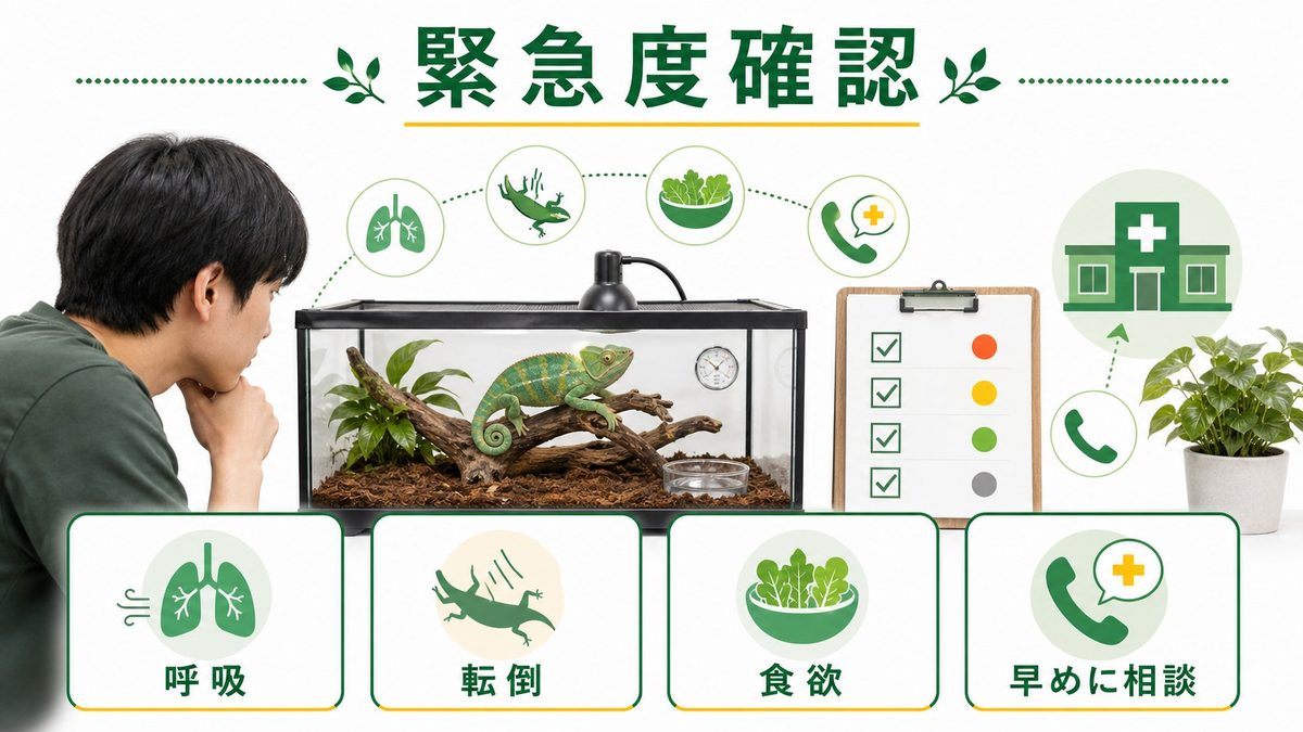 症状チェックリスト:緊急度の確認の要点をまとめたカメレオン・爬虫類飼育インフォグラフィック