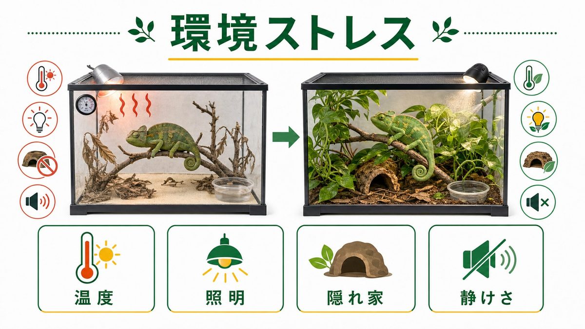 原因3:環境ストレス・温度不適切の要点をまとめたカメレオン・爬虫類飼育インフォグラフィック