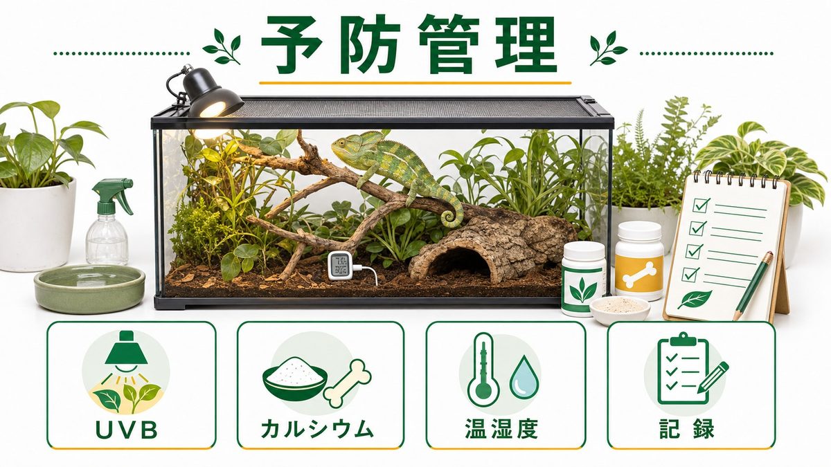 予防策と環境管理の要点をまとめたカメレオン・爬虫類飼育インフォグラフィック