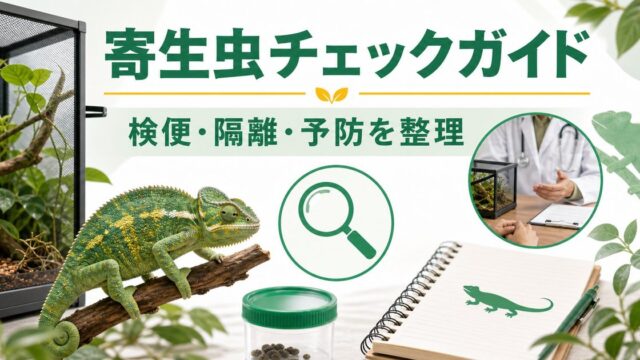 爬虫類・カメレオンの寄生虫完全ガイド！ダニ・回虫・鞭毛虫の症状・駆虫方法・予防策を徹底解説の要点を伝えるカメレオン・爬虫類記事アイキャッチ画像