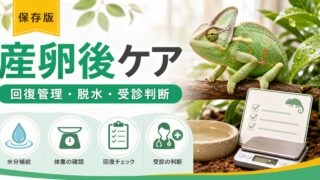 爬虫類・カメレオンの産卵後ケア完全ガイド！産後の回復管理・カルシウム補給・産後弱り予防を徹底解説の要点を伝えるカメレオン・爬虫類記事アイキャッチ画像