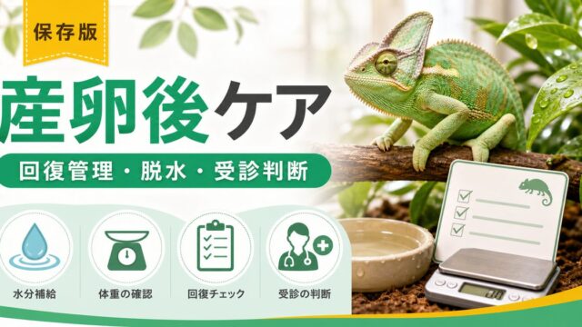 爬虫類・カメレオンの産卵後ケア完全ガイド！産後の回復管理・カルシウム補給・産後弱り予防を徹底解説の要点を伝えるカメレオン・爬虫類記事アイキャッチ画像