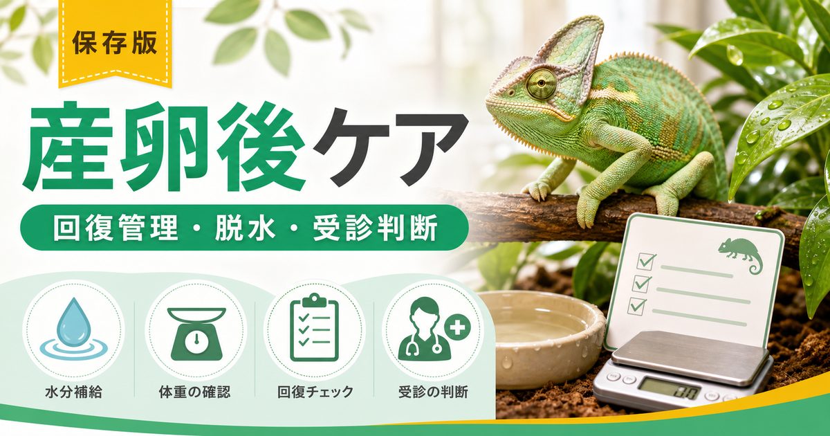 爬虫類・カメレオンの産卵後ケア完全ガイド！産後の回復管理・カルシウム補給・産後弱り予防を徹底解説の要点を伝えるカメレオン・爬虫類記事アイキャッチ画像