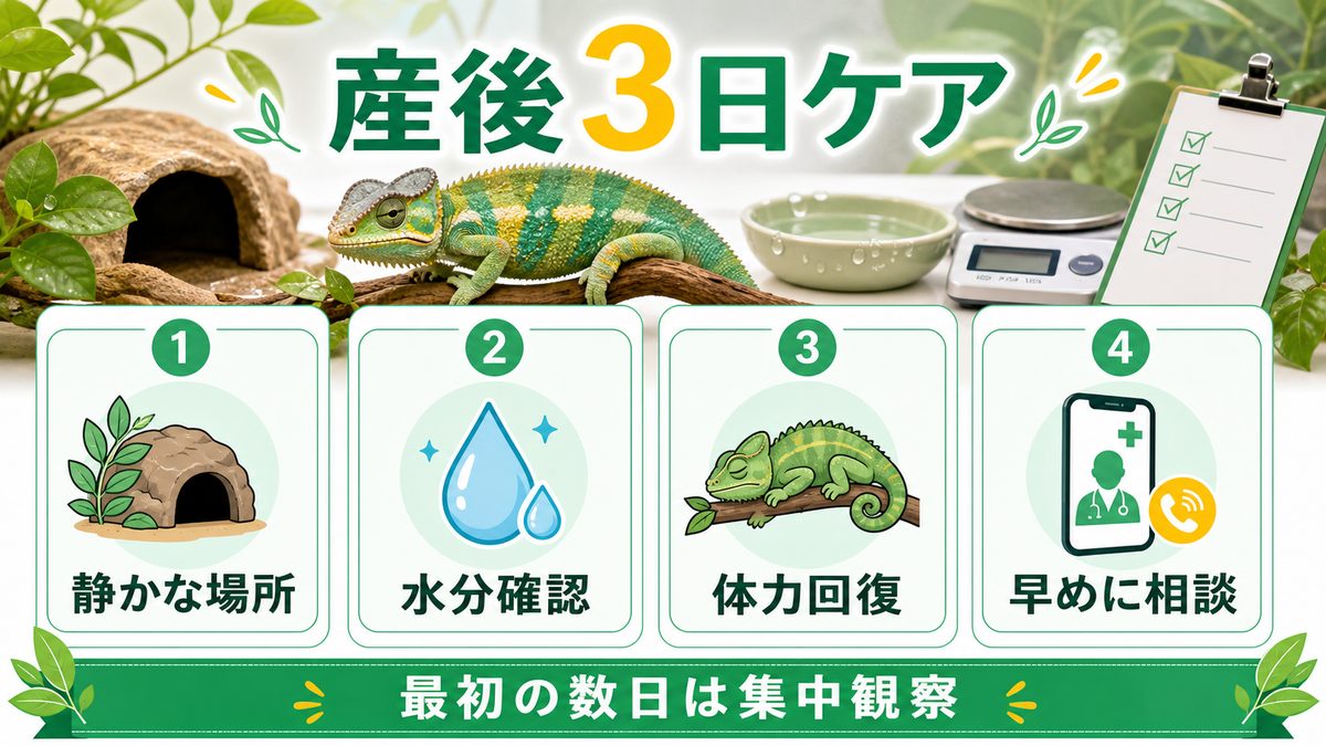 産後72時間の緊急ケア：最初の3日間が命綱の要点をまとめたカメレオン・爬虫類飼育インフォグラフィック