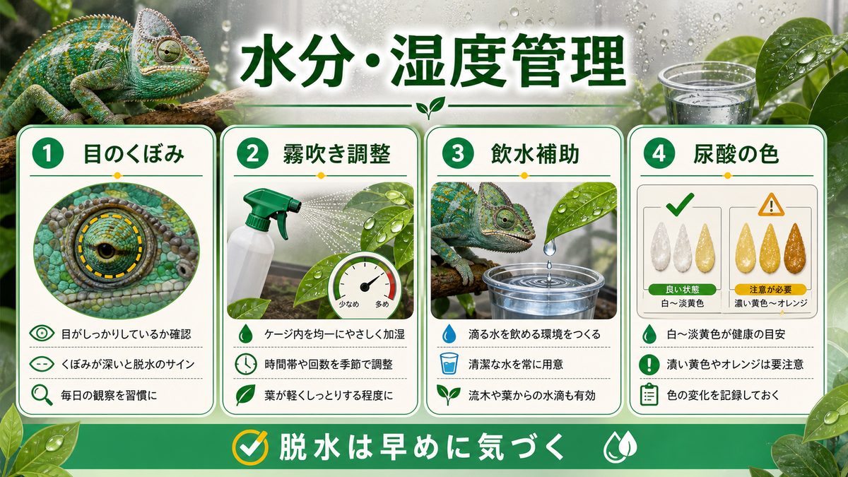 水分・湿度管理：産後の脱水は見逃しやすい大敵の要点をまとめたカメレオン・爬虫類飼育インフォグラフィック