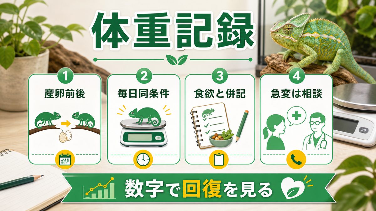 体重モニタリングで回復を数字で確認するの要点をまとめたカメレオン・爬虫類飼育インフォグラフィック