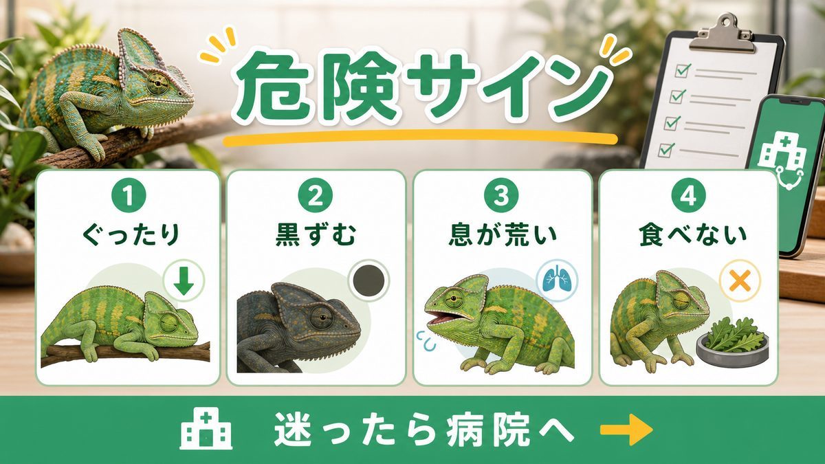 危険サイン一覧：いつ病院に行くべきかの要点をまとめたカメレオン・爬虫類飼育インフォグラフィック