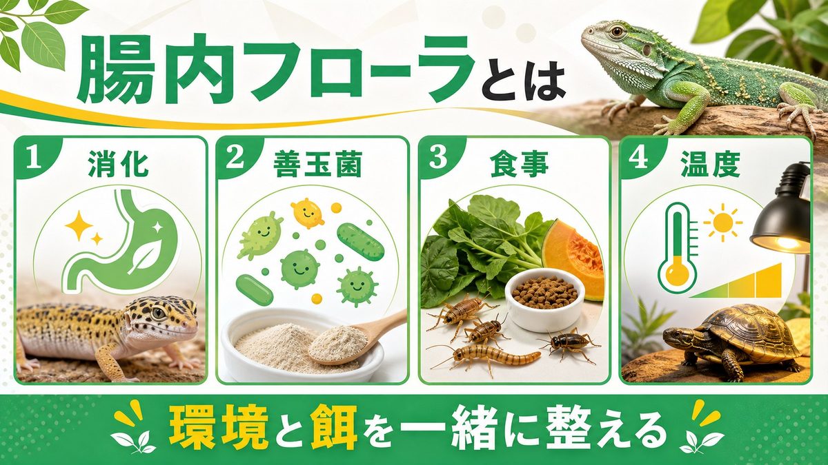爬虫類の腸内フローラとは?の要点をまとめたカメレオン・爬虫類飼育インフォグラフィック