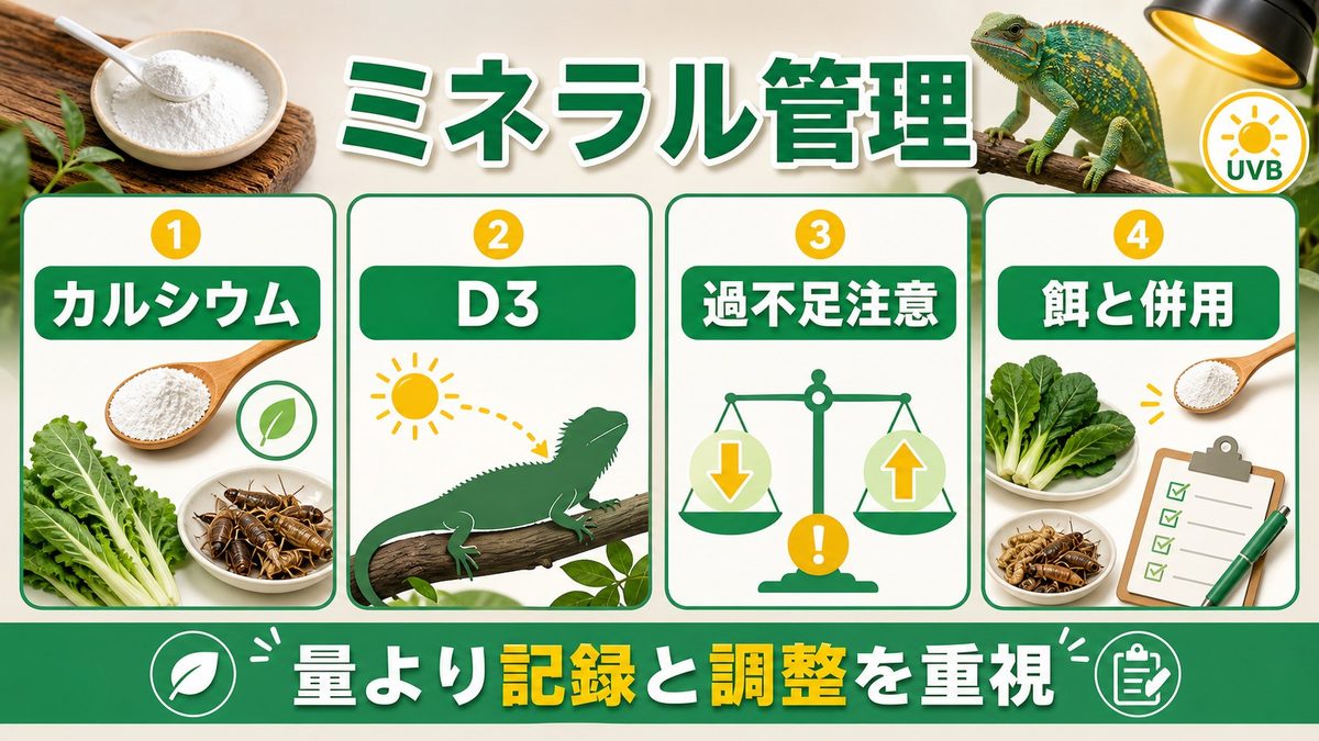 カルシウム・ミネラルと腸内環境の要点をまとめたカメレオン・爬虫類飼育インフォグラフィック