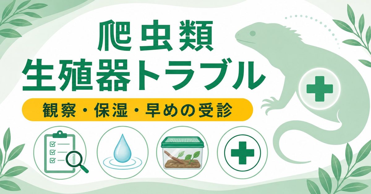 爬虫類のヘミペニス・生殖器疾患完全ガイド！脱出・感染・腫瘍の原因・治療・予防を徹底解説の要点を伝えるカメレオン・爬虫類記事アイキャッチ画像