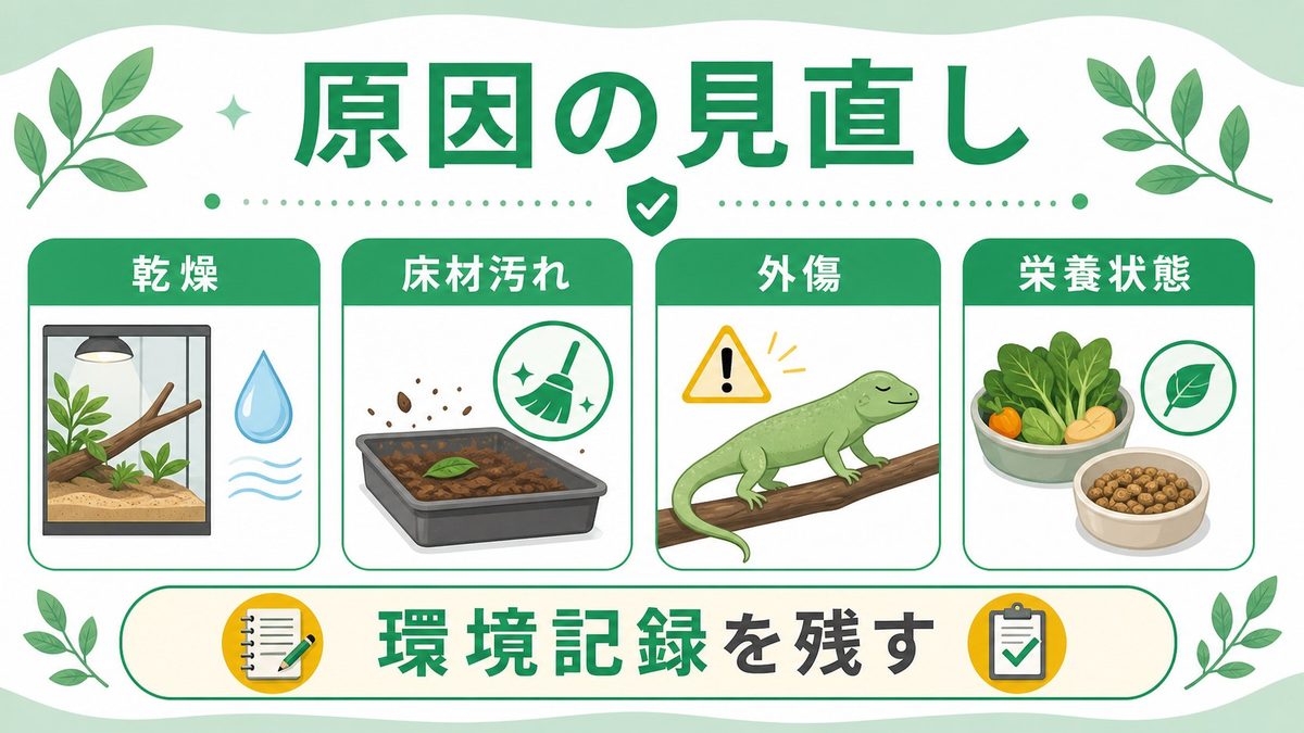生殖器疾患を引き起こす4大原因の要点をまとめたカメレオン・爬虫類飼育インフォグラフィック