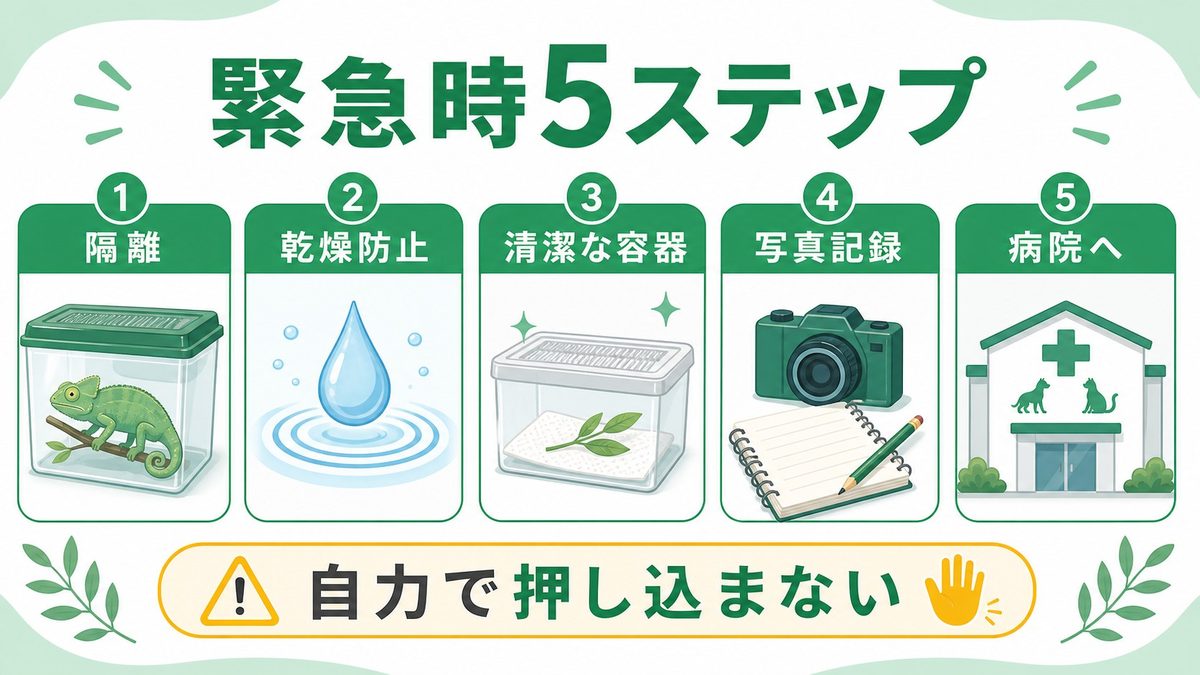 緊急時の応急処置5ステップの要点をまとめたカメレオン・爬虫類飼育インフォグラフィック
