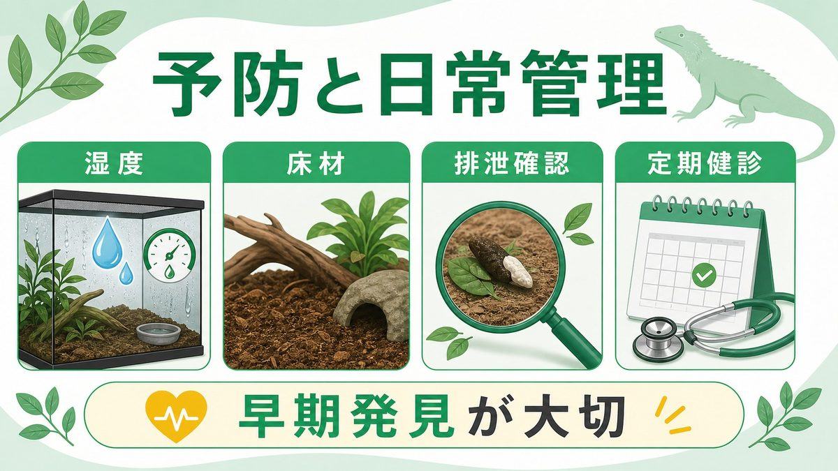 予防策と日常の健康管理の要点をまとめたカメレオン・爬虫類飼育インフォグラフィック