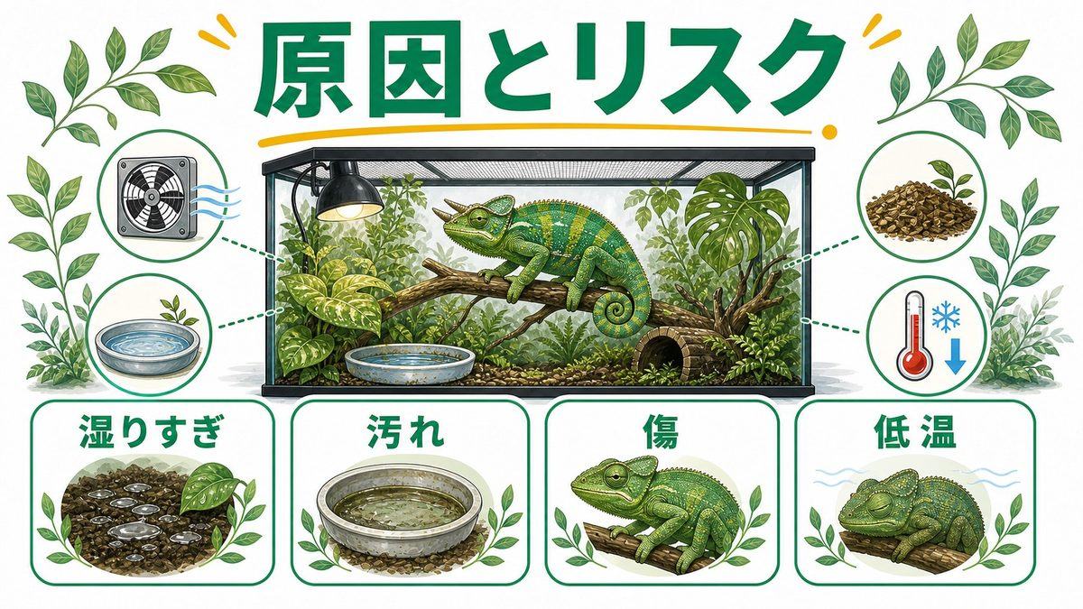 スケールロットの原因とリスク要因の要点をまとめたカメレオン・爬虫類飼育インフォグラフィック