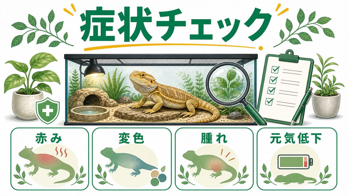 症状の見分け方〜段階別チェックリスト〜の要点をまとめたカメレオン・爬虫類飼育インフォグラフィック