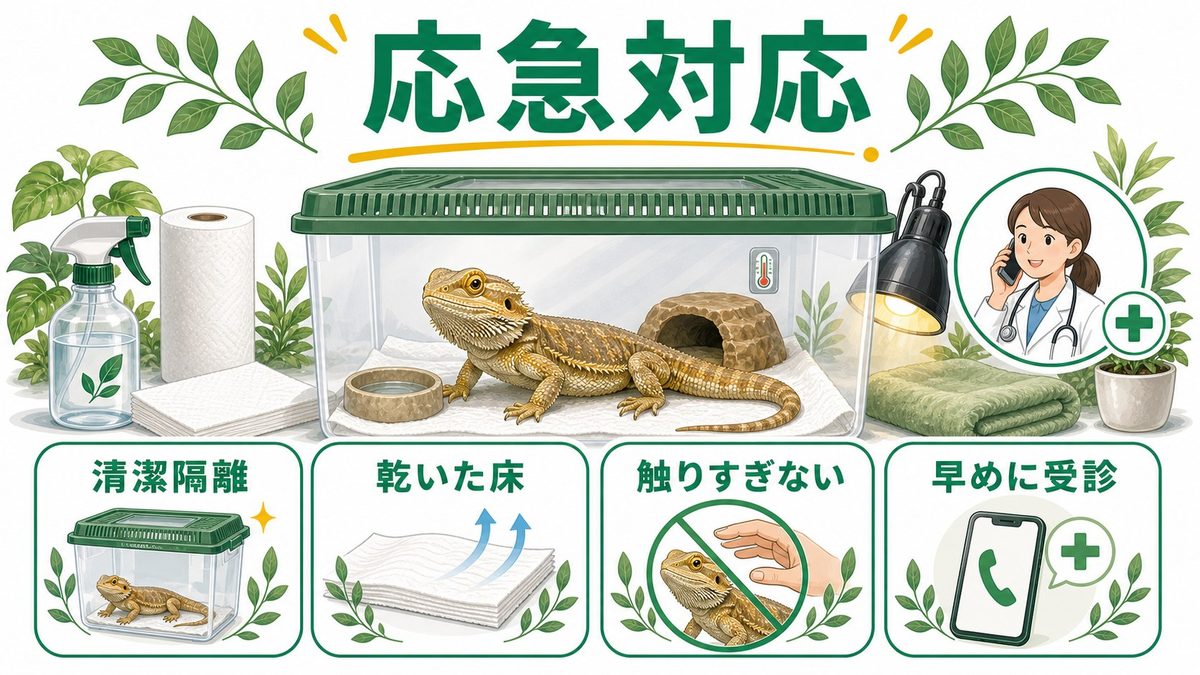 応急処置の手順〜やっていいことと絶対NGなこと〜の要点をまとめたカメレオン・爬虫類飼育インフォグラフィック