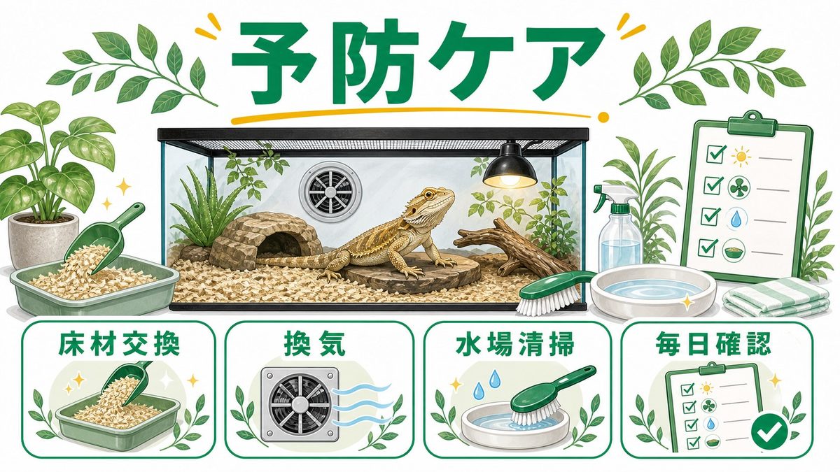 予防と再発防止——日常ケアで守るスケールロット対策の要点をまとめたカメレオン・爬虫類飼育インフォグラフィック