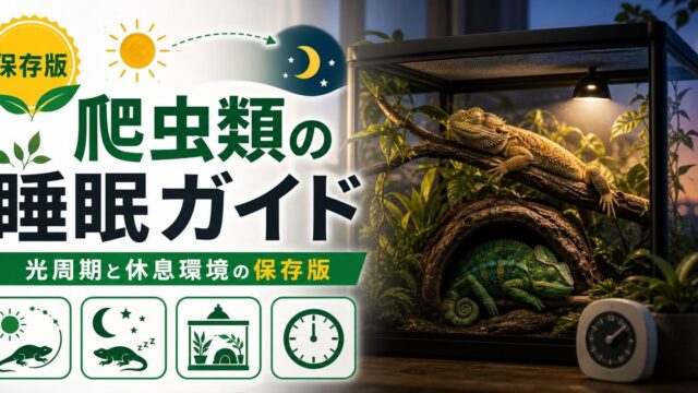 爬虫類は夢を見る？睡眠サイクル・REM睡眠とサーカディアンリズムの科学｜光周期と健康な眠りの作り方の要点を伝えるカメレオン・爬虫類記事アイキャッチ画像