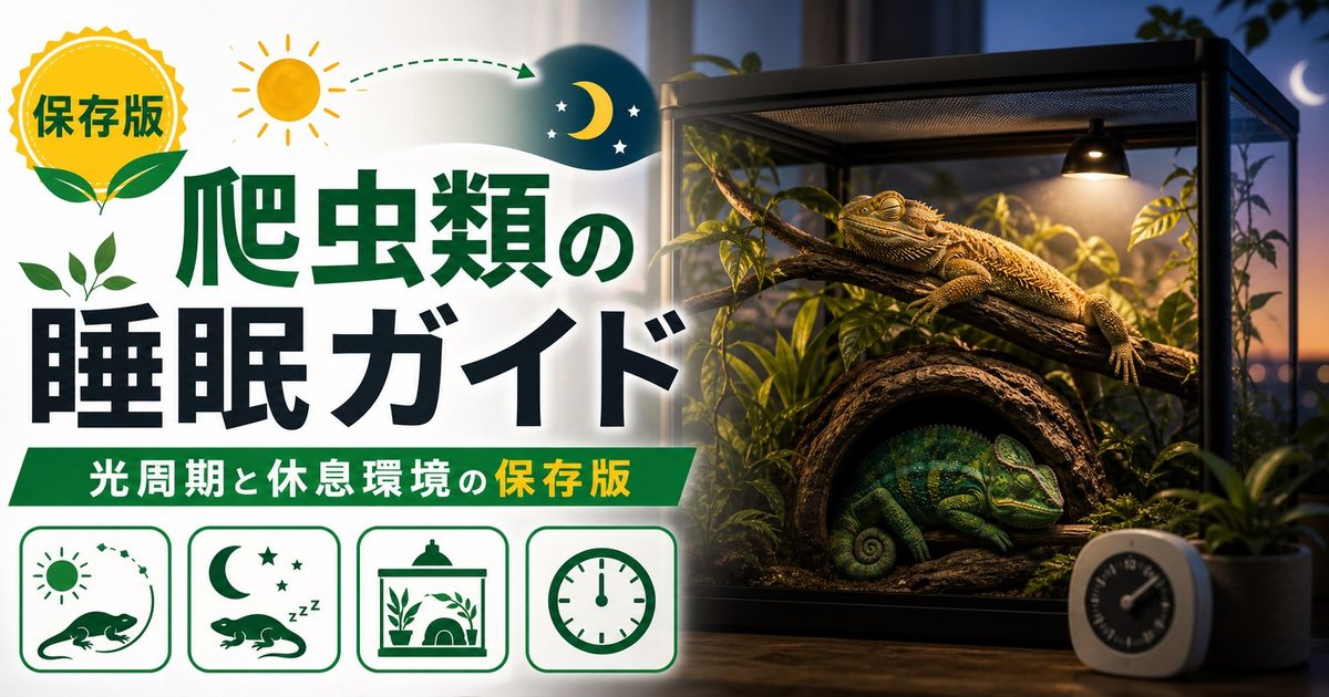 爬虫類は夢を見る？睡眠サイクル・REM睡眠とサーカディアンリズムの科学｜光周期と健康な眠りの作り方の要点を伝えるカメレオン・爬虫類記事アイキャッチ画像