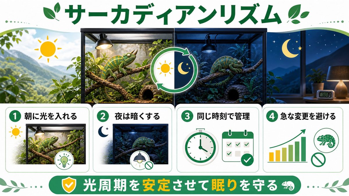 サーカディアンリズムと光周期の役割の要点をまとめたカメレオン・爬虫類飼育インフォグラフィック