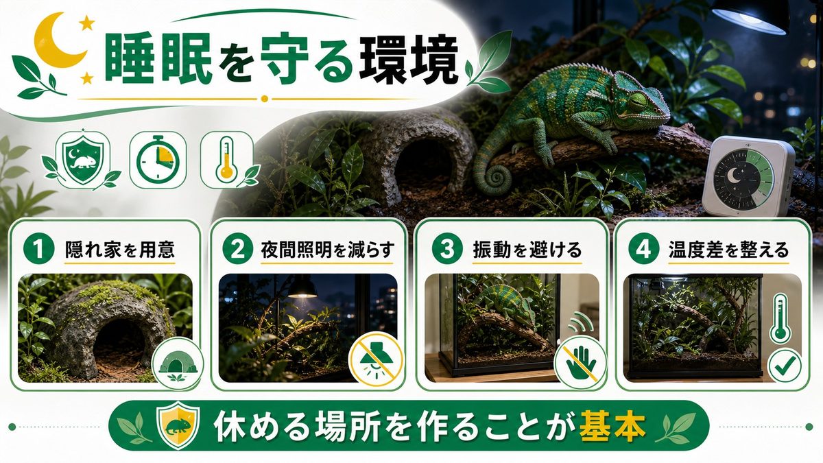 飼育環境で睡眠を守る4つの工夫の要点をまとめたカメレオン・爬虫類飼育インフォグラフィック