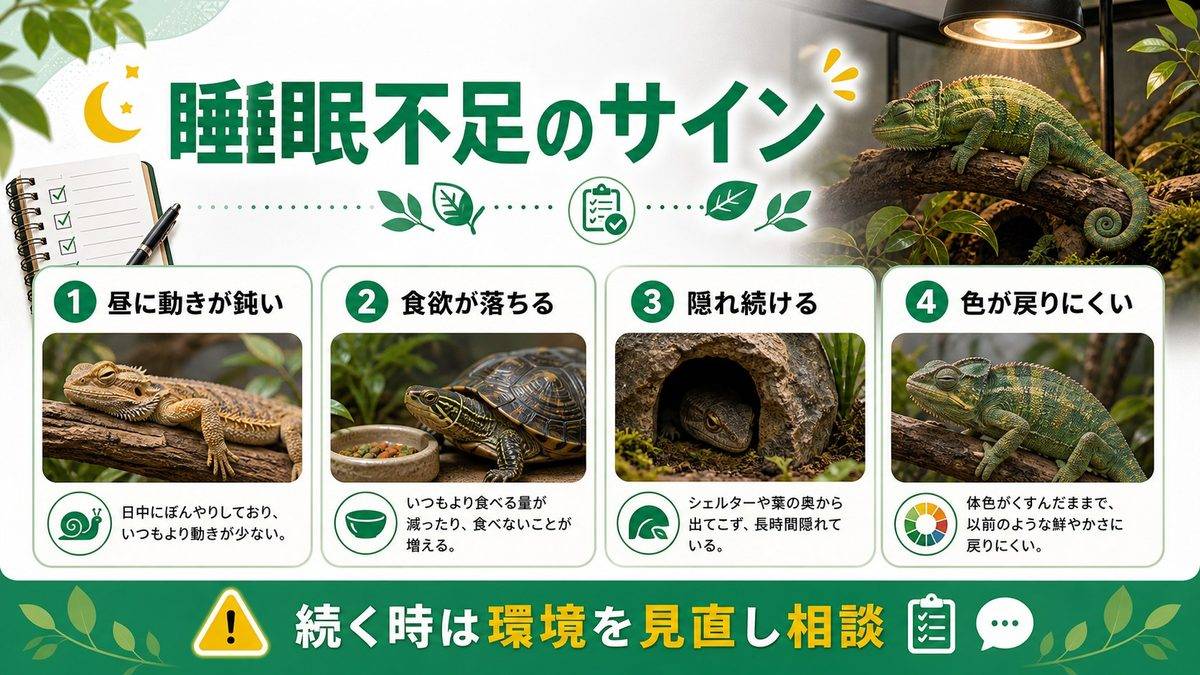 睡眠不足のサインと健康影響の要点をまとめたカメレオン・爬虫類飼育インフォグラフィック