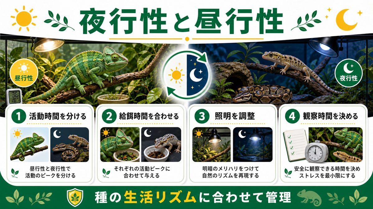 夜行性種と昼行性種の管理の違いの要点をまとめたカメレオン・爬虫類飼育インフォグラフィック