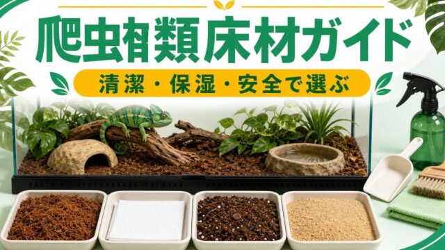 爬虫類・カメレオン用床材完全ガイド！ヤシガラ・赤玉土・キッチンペーパーの種類別特徴・選び方・交換頻度を徹底解説の要点を伝えるカメレオン・爬虫類記事アイキャッチ画像