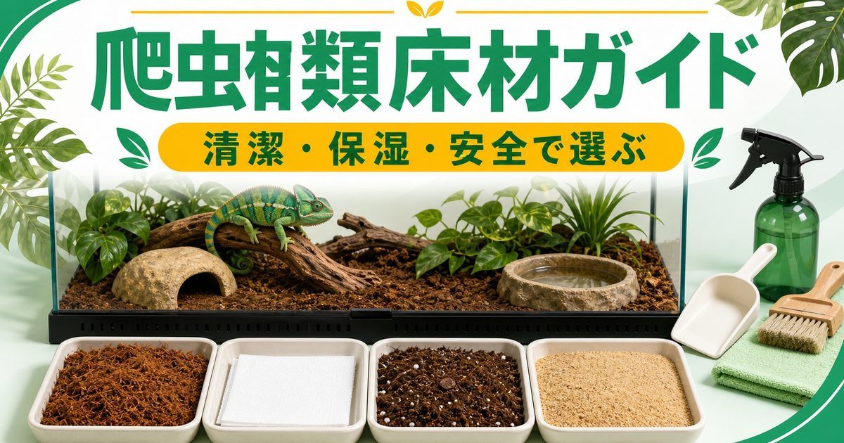 爬虫類・カメレオン用床材完全ガイド！ヤシガラ・赤玉土・キッチンペーパーの種類別特徴・選び方・交換頻度を徹底解説の要点を伝えるカメレオン・爬虫類記事アイキャッチ画像