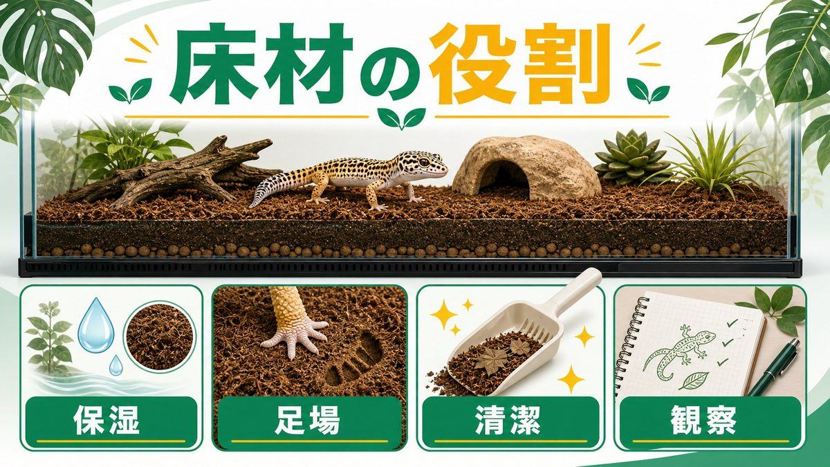 ①床材の役割と重要性の要点をまとめたカメレオン・爬虫類飼育インフォグラフィック