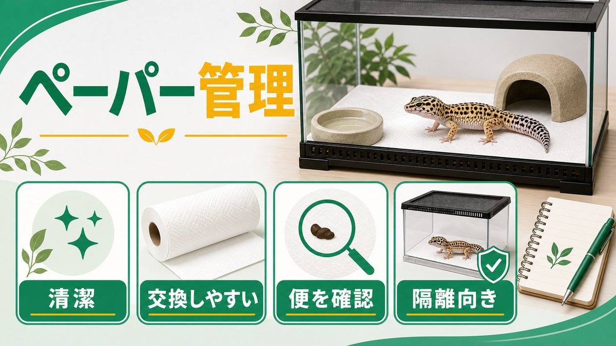 ④キッチンペーパー・ペーパータオル（清潔管理）の要点をまとめたカメレオン・爬虫類飼育インフォグラフィック