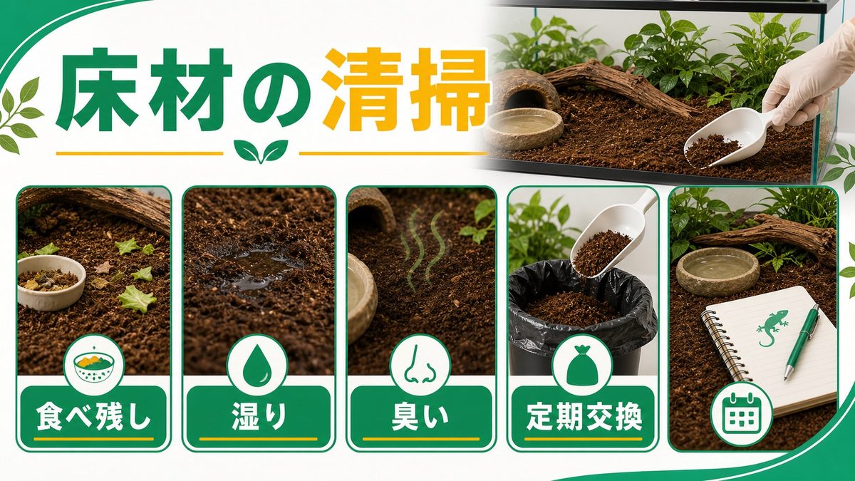 ⑥床材の交換頻度・清掃方法の要点をまとめたカメレオン・爬虫類飼育インフォグラフィック