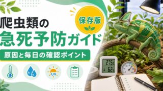 爬虫類の急死・突然死を防ぐ予防策完全ガイド！原因と対策を徹底解説の要点を伝えるカメレオン・爬虫類記事アイキャッチ画像