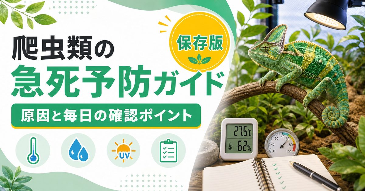 爬虫類の急死・突然死を防ぐ予防策完全ガイド！原因と対策を徹底解説の要点を伝えるカメレオン・爬虫類記事アイキャッチ画像