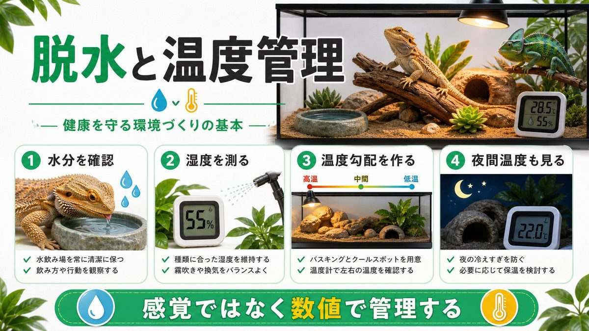 脱水・温度管理ミスは見えにくい殺し屋の要点をまとめたカメレオン・爬虫類飼育インフォグラフィック