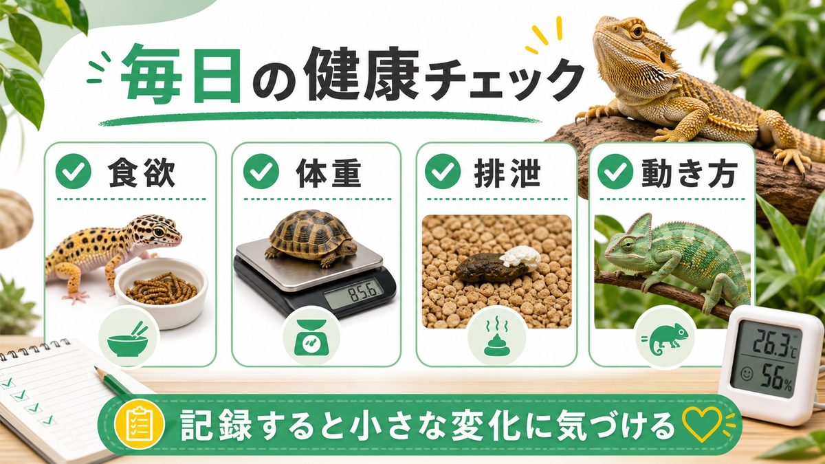 毎日の健康チェックリストで早期発見の要点をまとめたカメレオン・爬虫類飼育インフォグラフィック