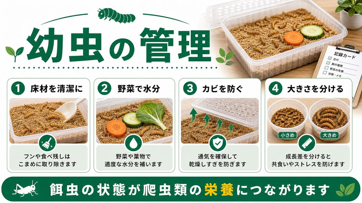 🥕 幼虫の管理・飼料の要点をまとめたカメレオン・爬虫類飼育インフォグラフィック