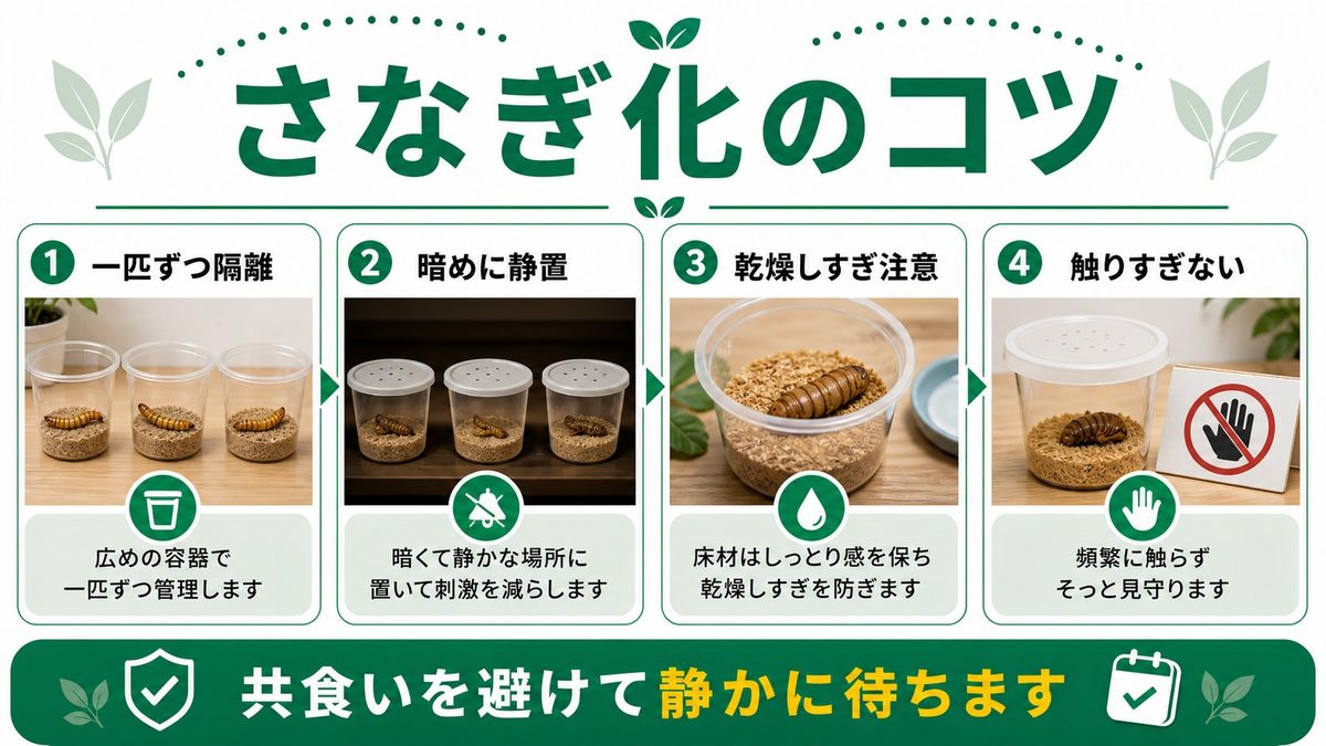 🎯 さなぎ化を成功させるコツの要点をまとめたカメレオン・爬虫類飼育インフォグラフィック
