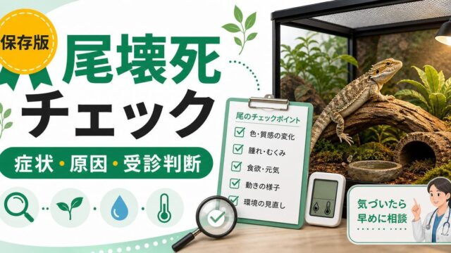 爬虫類の尾壊死（テールロット）完全ガイド！血流障害・脱皮不全からの壊死・治療・予防を徹底解説の要点を伝えるカメレオン・爬虫類記事アイキャッチ画像