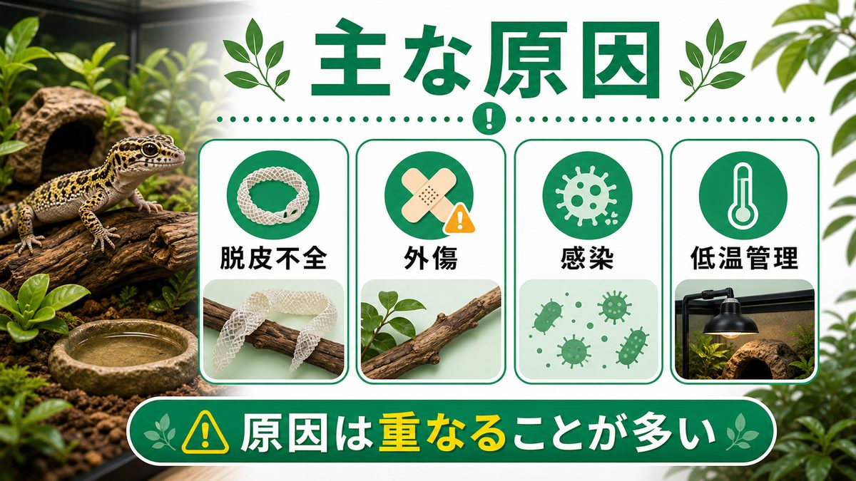 🔍 尾壊死の主な原因【脱皮不全・外傷・感染・栄養・低温】の要点をまとめたカメレオン・爬虫類飼育インフォグラフィック