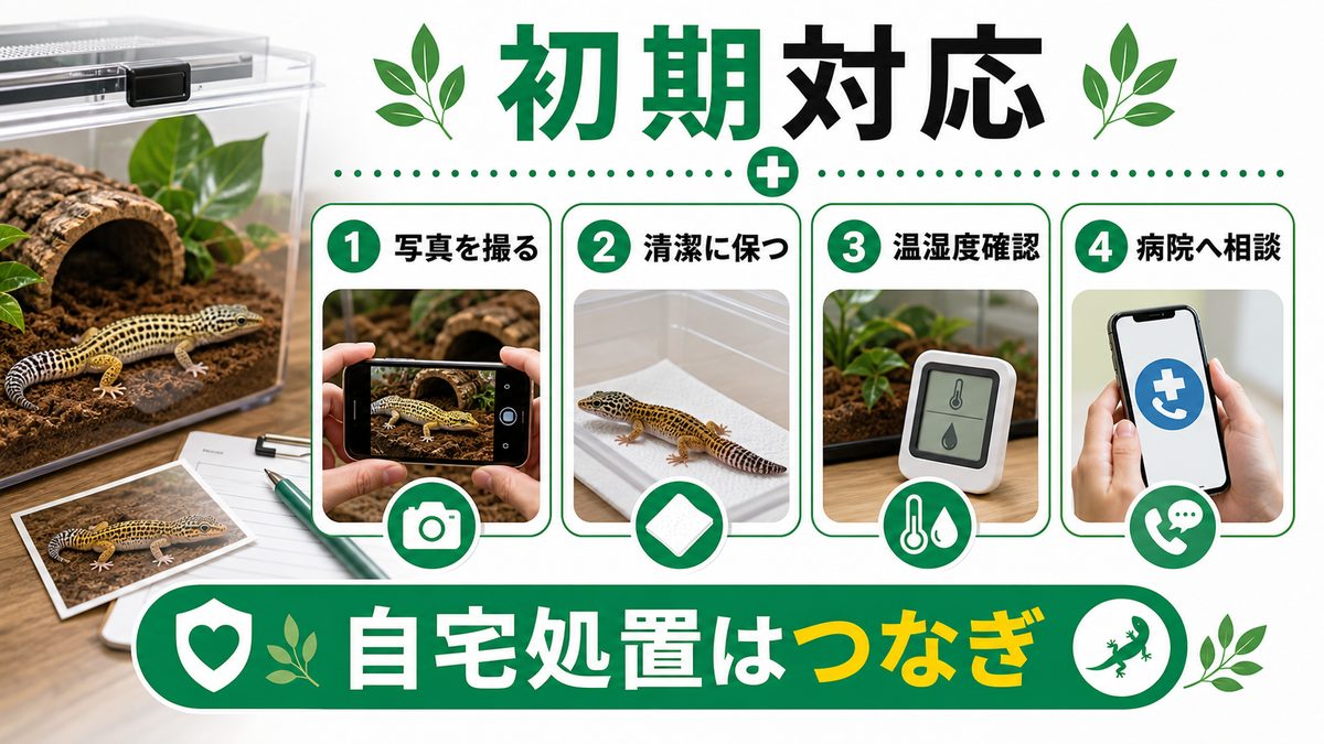 🚑 自宅でできる初期対応【消毒・温浴・湿度調整】の要点をまとめたカメレオン・爬虫類飼育インフォグラフィック