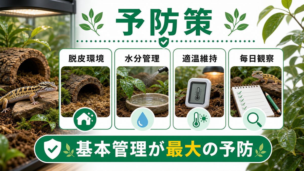 🛡️ 尾壊死の予防策【脱皮環境・適温・水分管理】の要点をまとめたカメレオン・爬虫類飼育インフォグラフィック